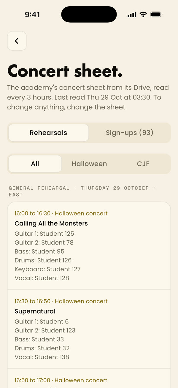 Staff concert sheet, rehearsals