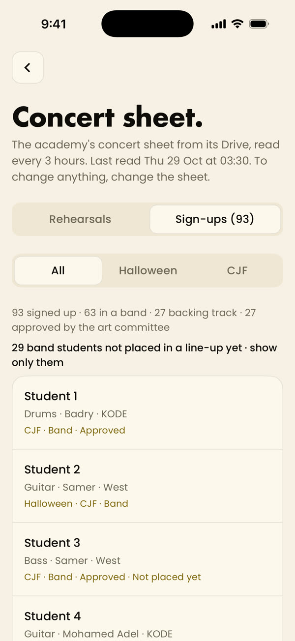 Staff concert sheet, sign-ups